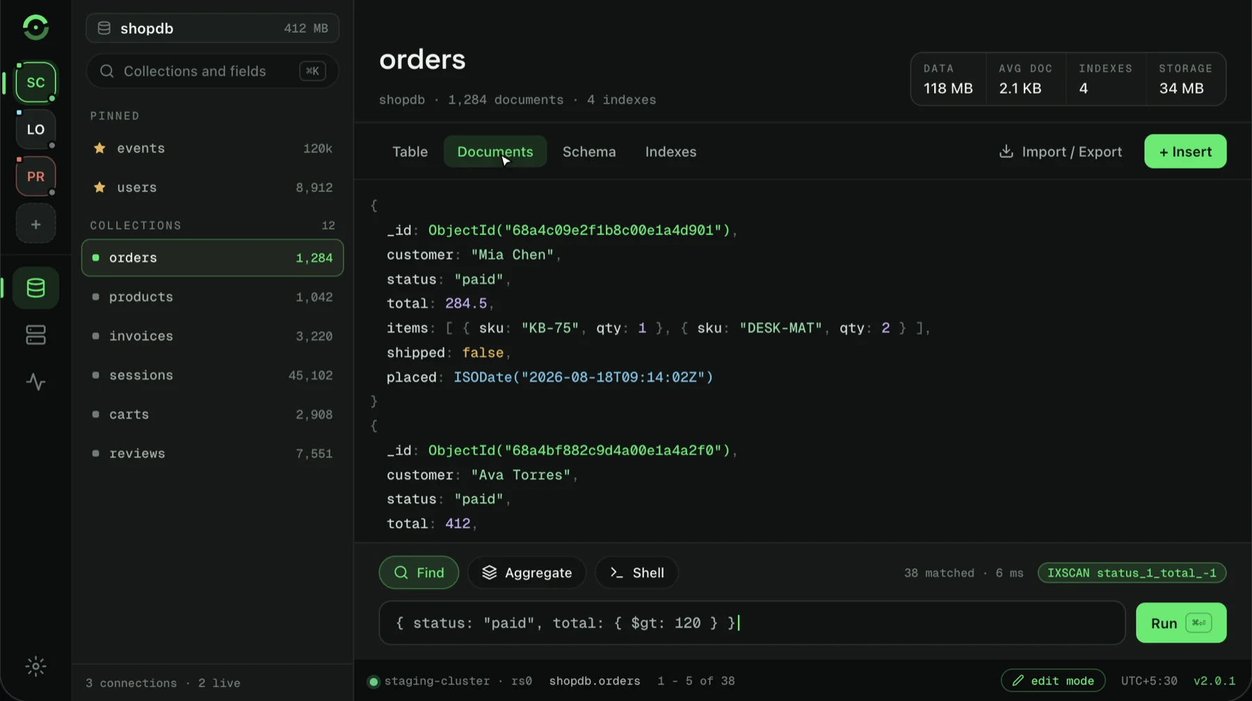 Ognom showing documents from the orders collection of a MongoDB database, with a Find query for paid orders over 120 and the index plan it used