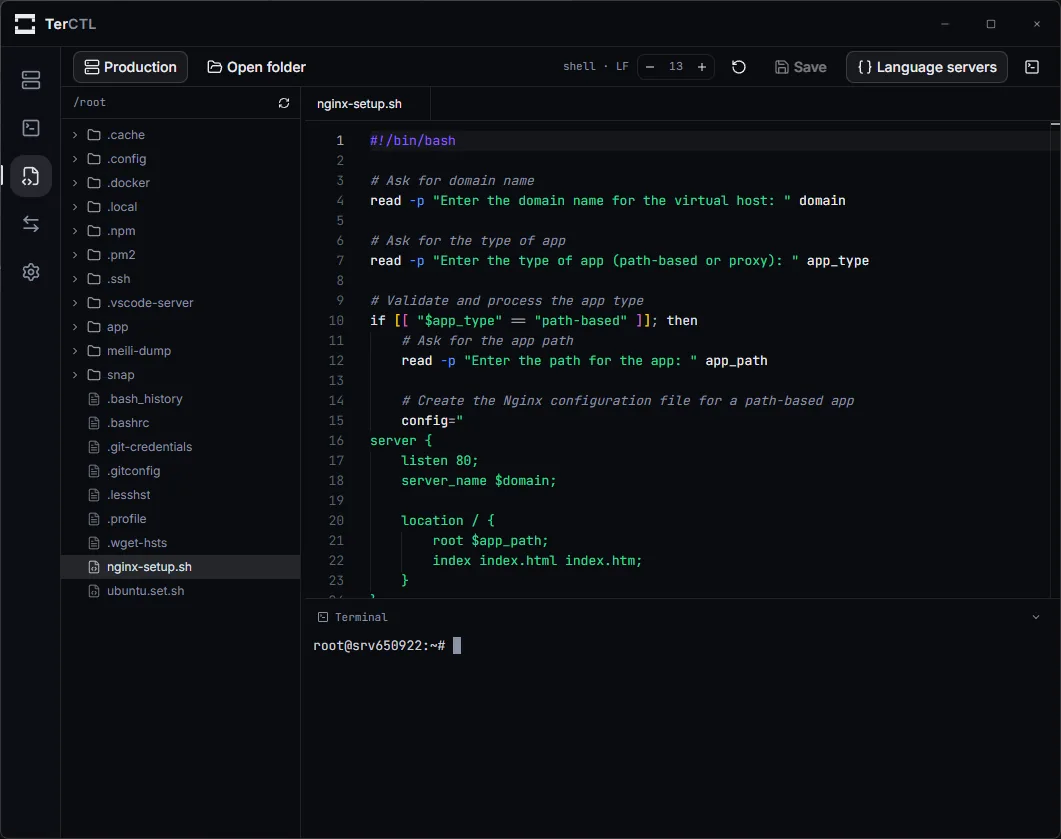 TerCTL editor with a remote file tree, an open shell script and an integrated terminal