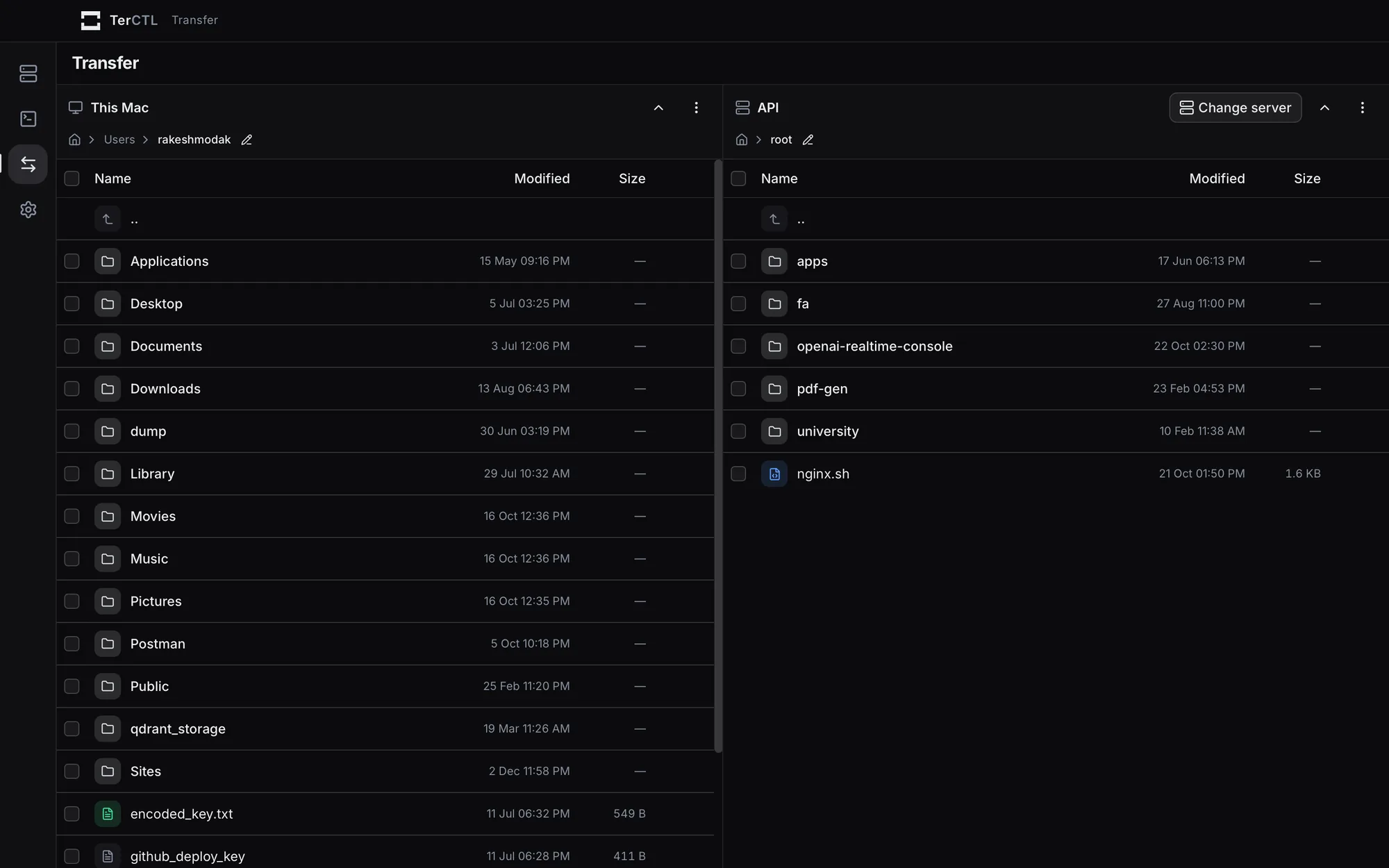 TerCTL dual-pane SFTP transfer view with local and remote file listings
