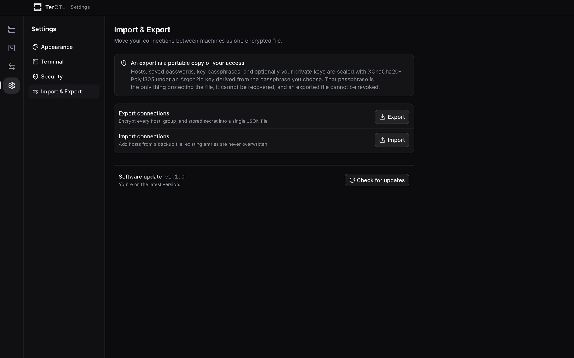 TerCTL settings screen showing encrypted import and export of connections