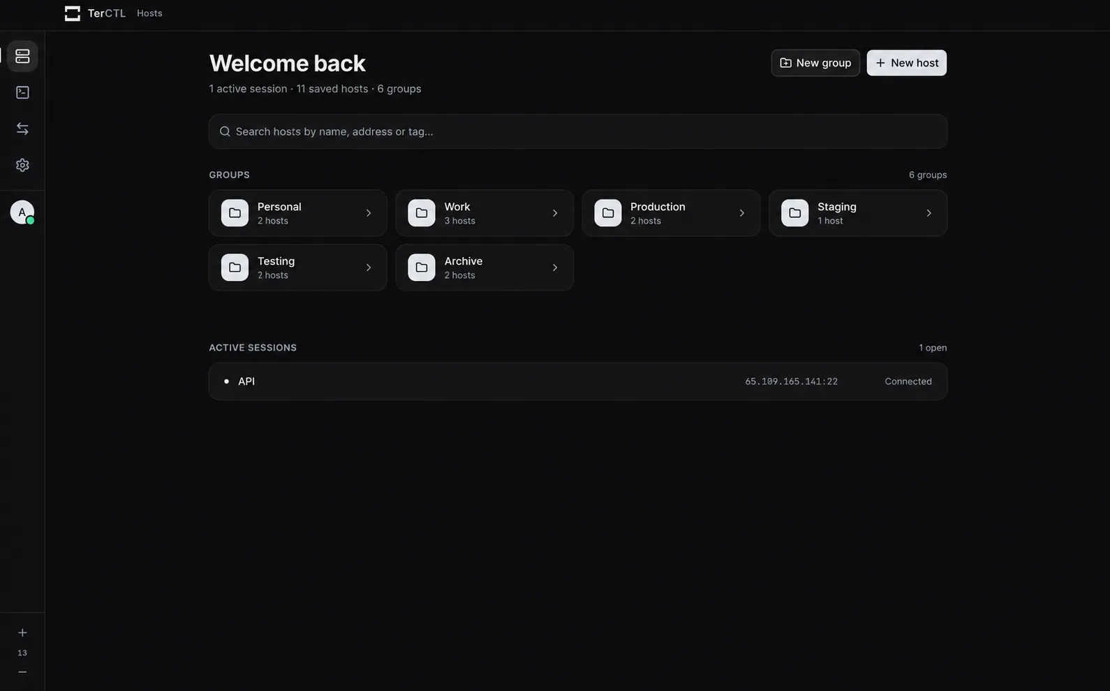 TerCTL host list showing saved servers grouped and tagged