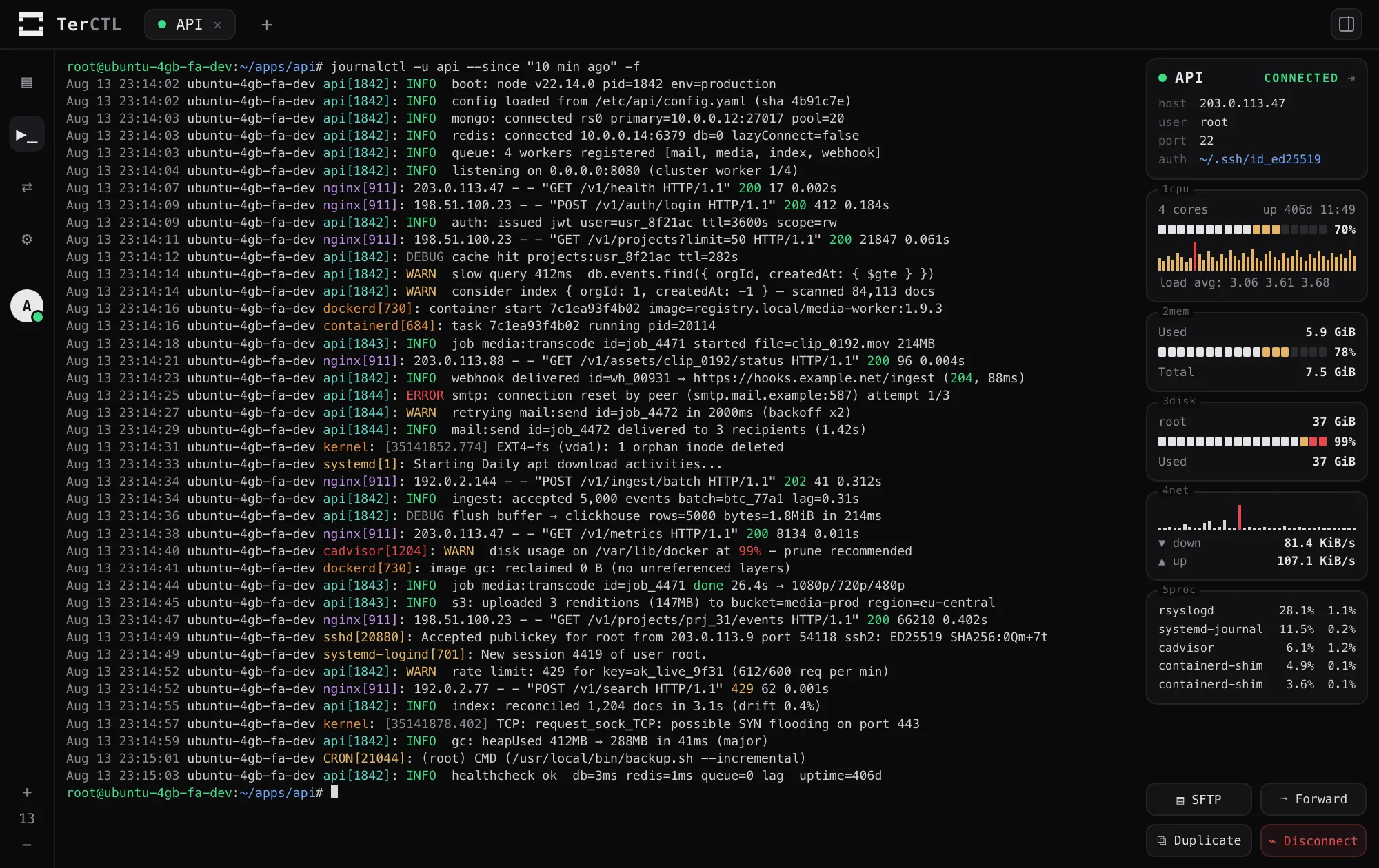 TerCTL running an SSH session, with live host metrics in the sidebar