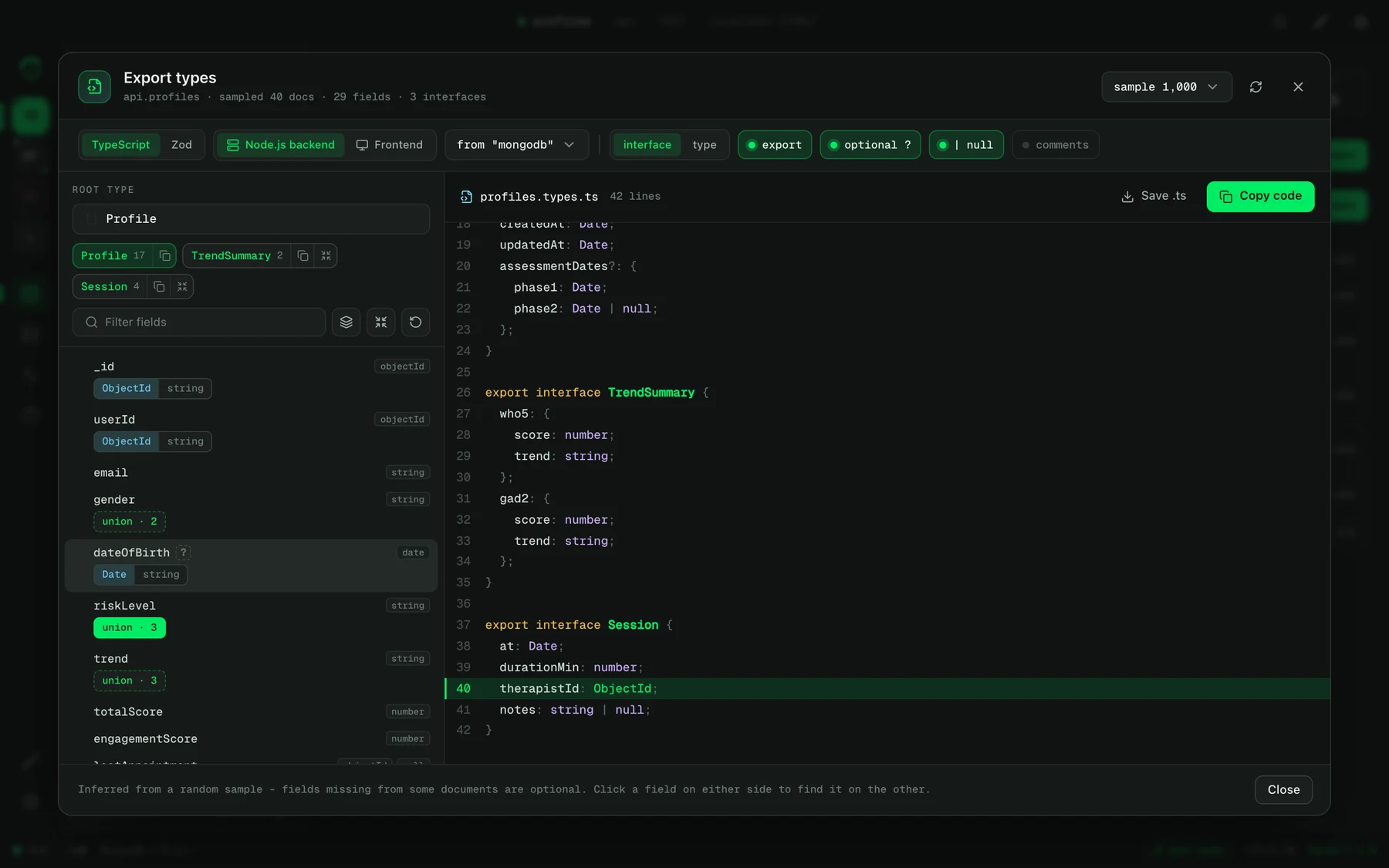 Interface builder: the profiles collection as TypeScript interfaces, with Session and TrendSummary extracted