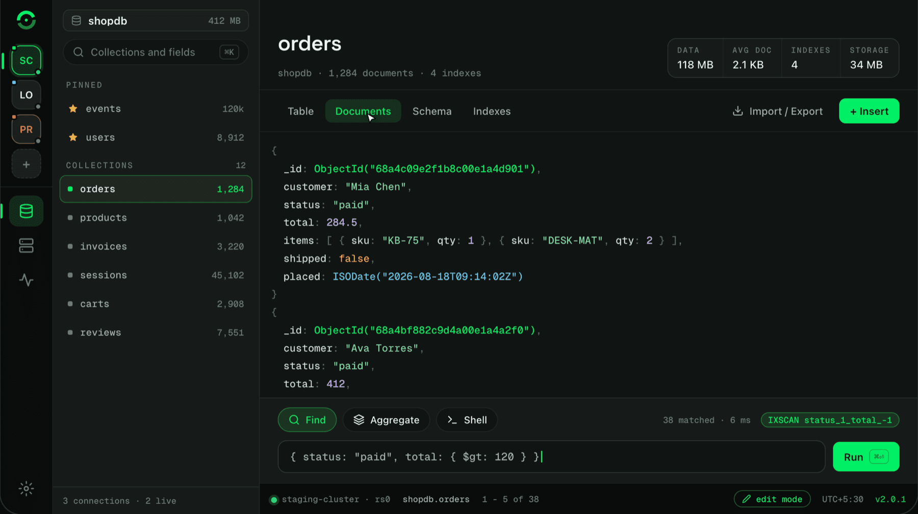 Ognom showing documents from the orders collection of a MongoDB database, with a Find query for paid orders over 120 and the index plan it used